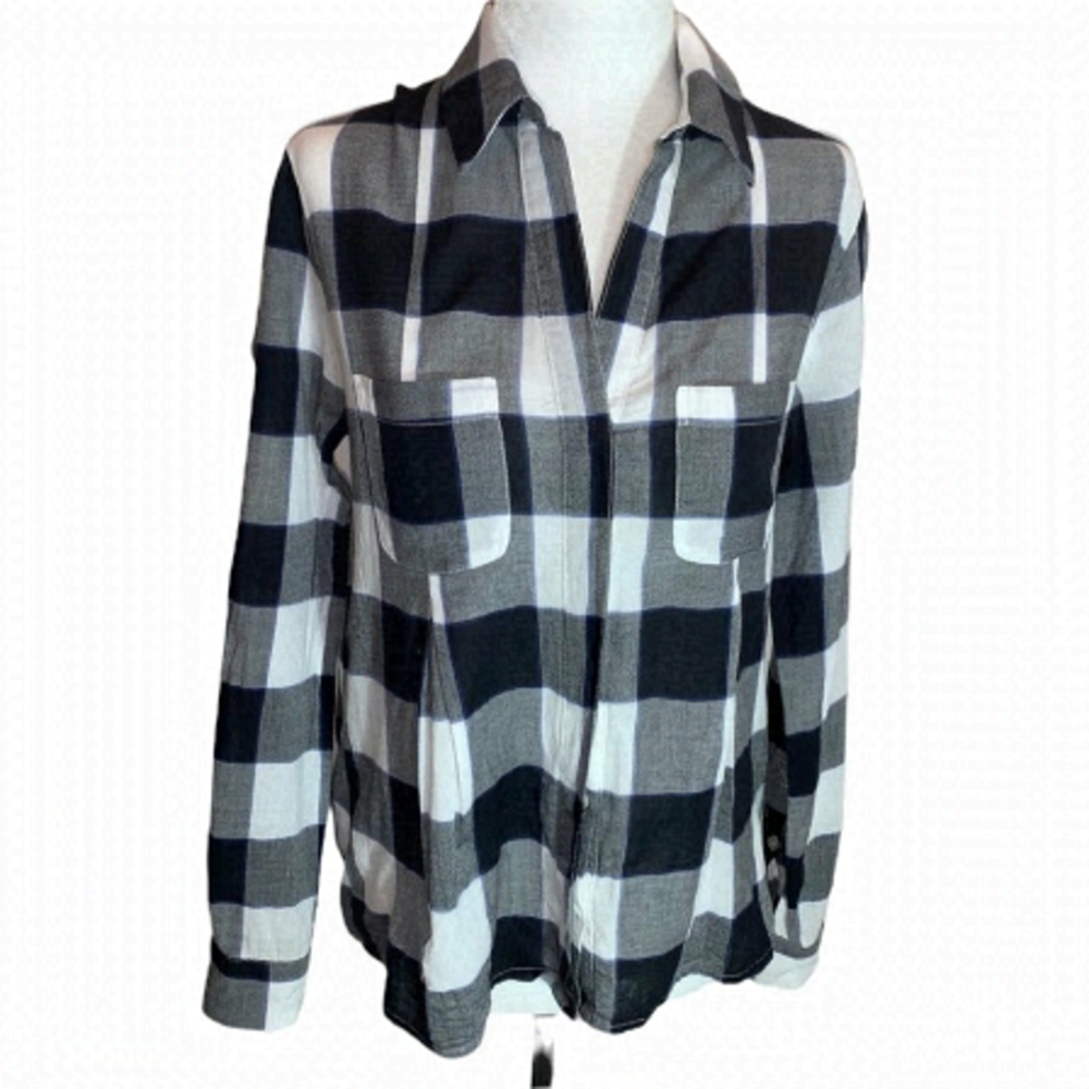 Lord & Taylor Black/White Check Plaid Button Up Blouse Shirt Size XS